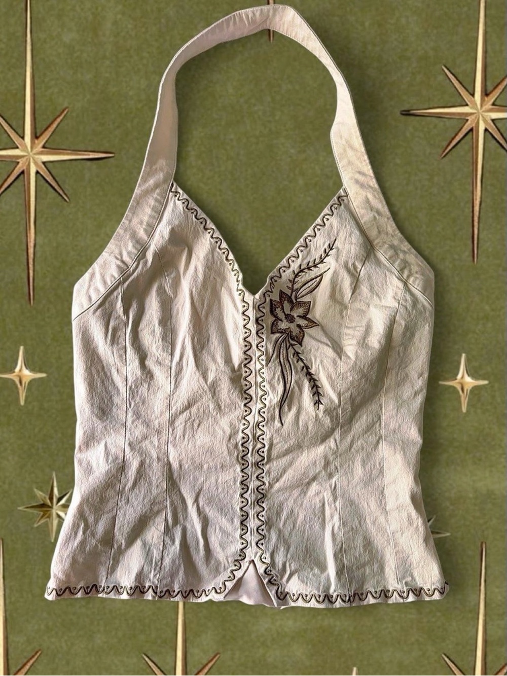 Princess Polly White Halter Camisole with Brown Floral Embroidery